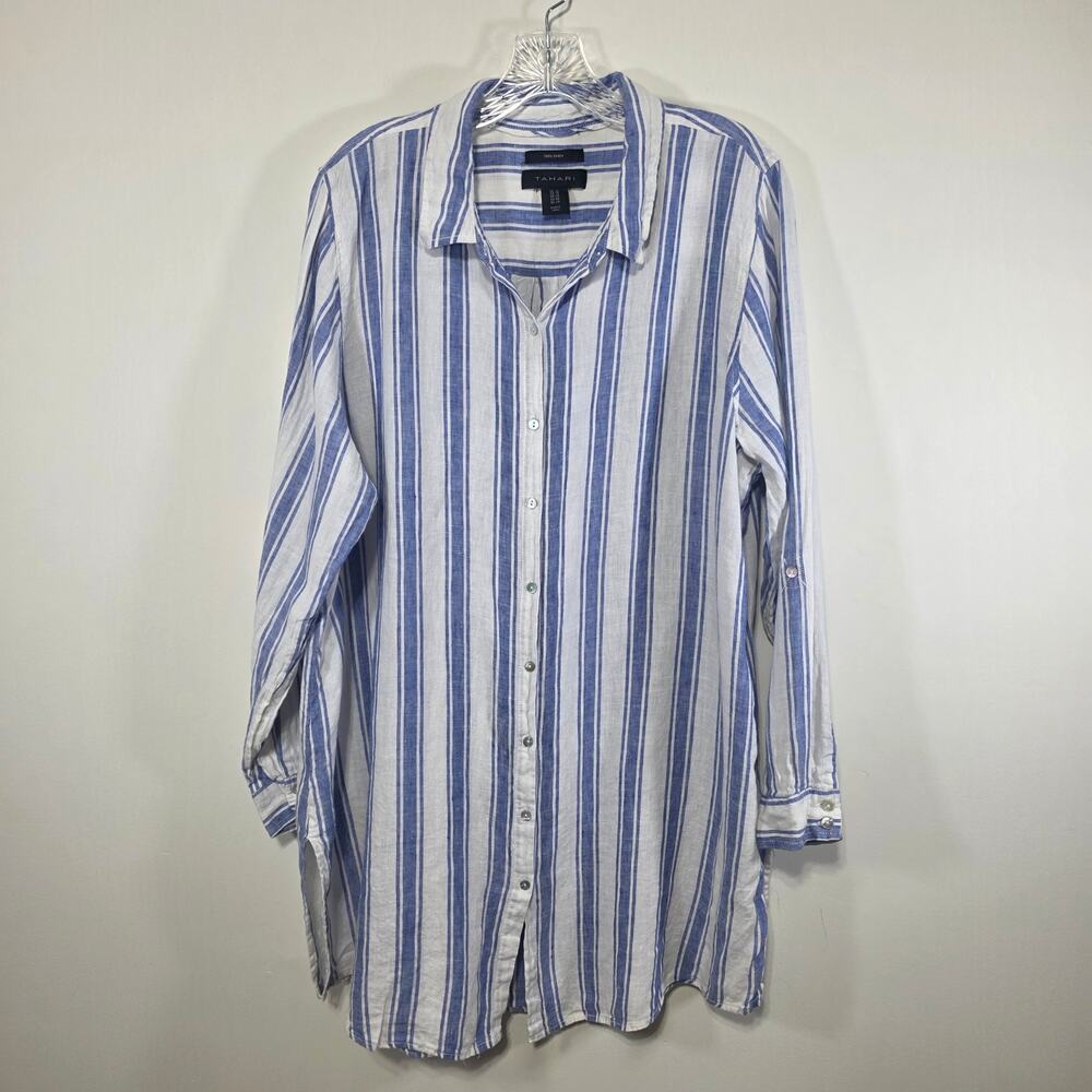 Tahari Womens Button Up Long Sleeve Striped Linen Tunic Coastal Resort Size 1X